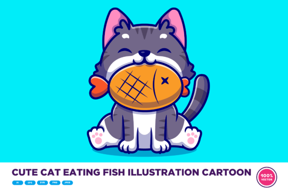 Download Cute Cat Eating Fish Illustration - Fish illustration Collection